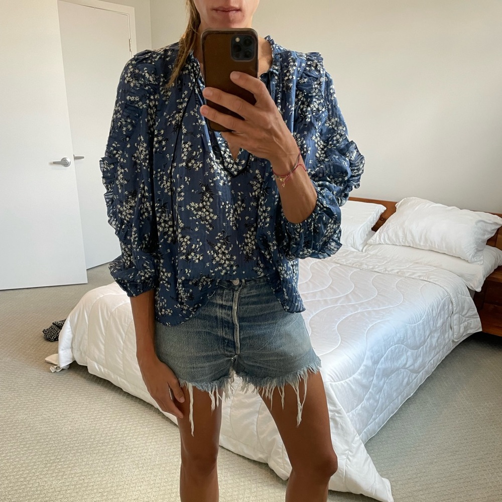 Ulla Johnson Navy Blue Floral Puff-Sleeve Blouse
